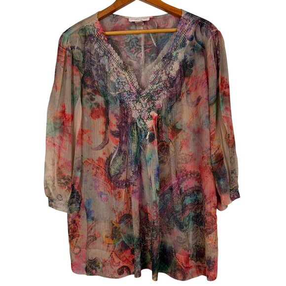 Christopher & Banks Tops - Christopher & Banks Sheer Paisley Peasant Blouse Top PL Petite Large Lace V Neck